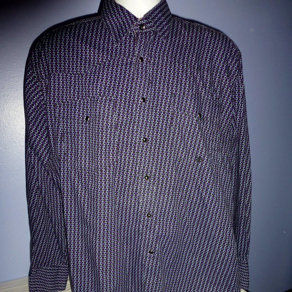 Men Roper Black Blue Geometric Pearl Snap Long Sleeve Pocket Shirt M